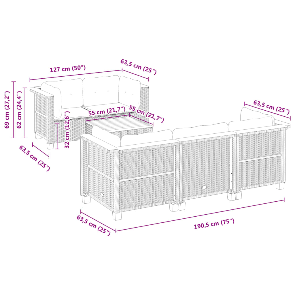 vidaXL 6-tlg. Garten-Sofagarnitur mit Kissen Grau Poly Rattan