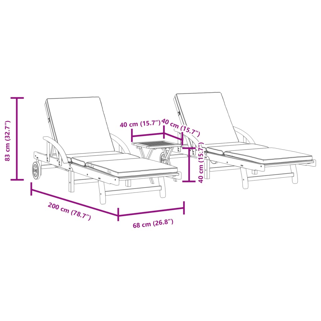 vidaXL Sonnenliegen 2 Stk. mit Tisch Massivholz Akazie