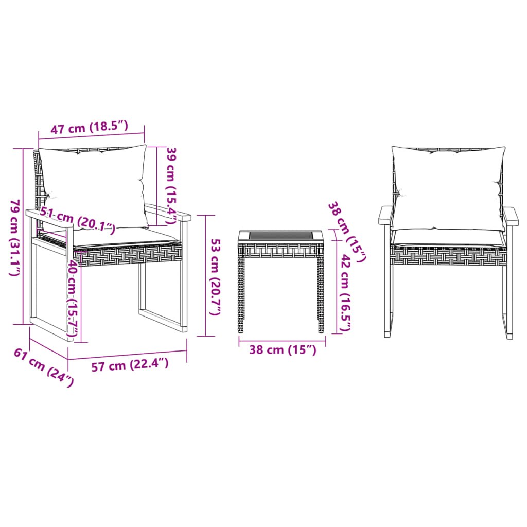 vidaXL 3-tlg. Bistro-Set mit Kissen Beige Poly Rattan Akazienholz