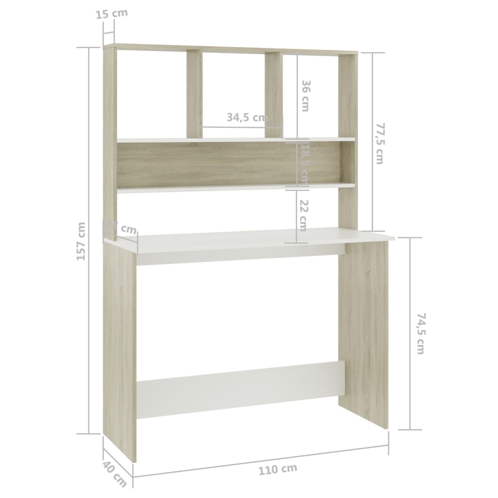 vidaXL Schreibtisch mit Regalen Weiß Sonoma-Eiche 110x45x157 cm