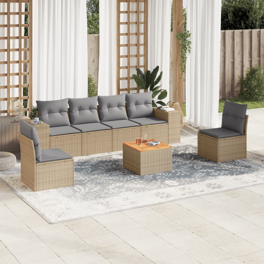 vidaXL 7-tlg. Garten-Sofagarnitur mit Kissen Beige Poly Rattan