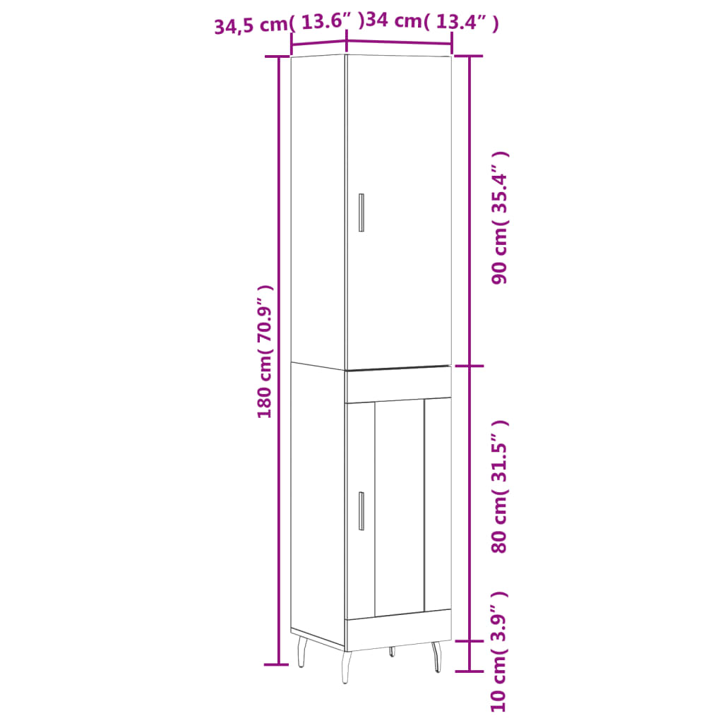 vidaXL Highboard Weiß 34,5x34x180 cm Holzwerkstoff