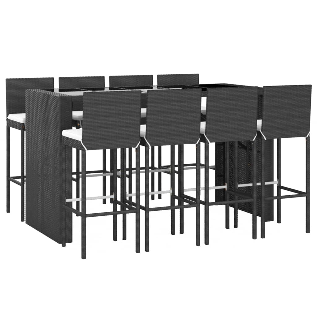 vidaXL 9-tlg. Gartenbar-Set mit Kissen Schwarz Poly Rattan