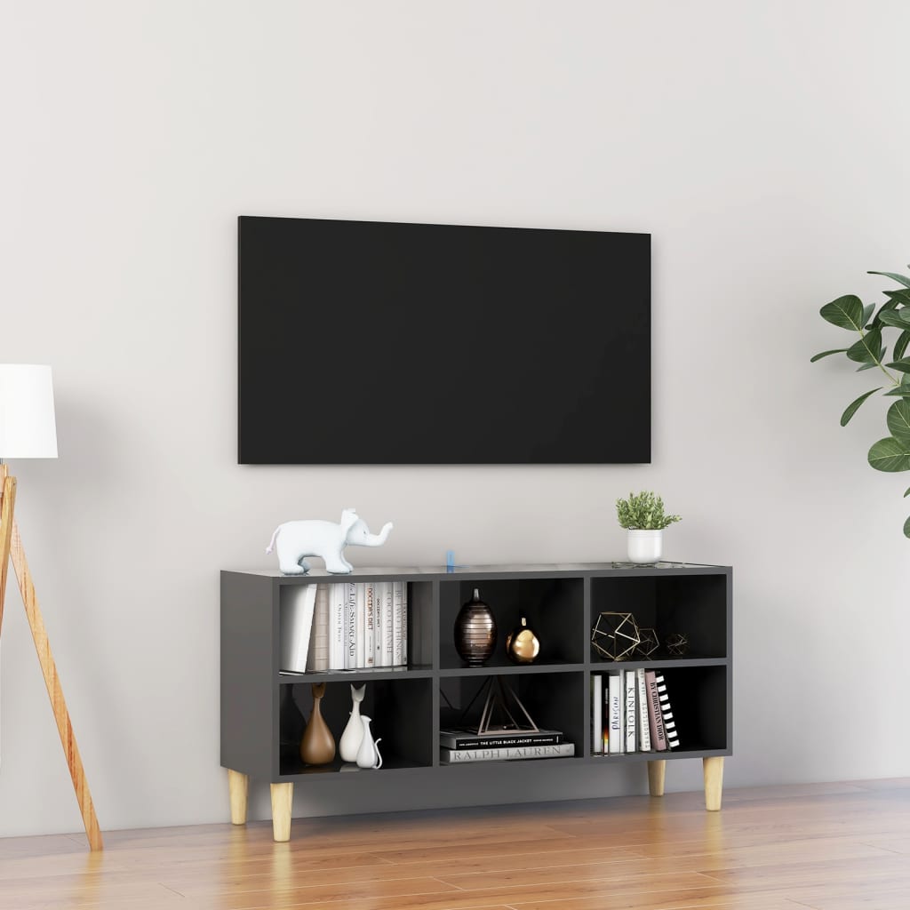 vidaXL TV-Schrank mit Massivholz-Beinen Hochglanz-Grau 103,5x30x50 cm