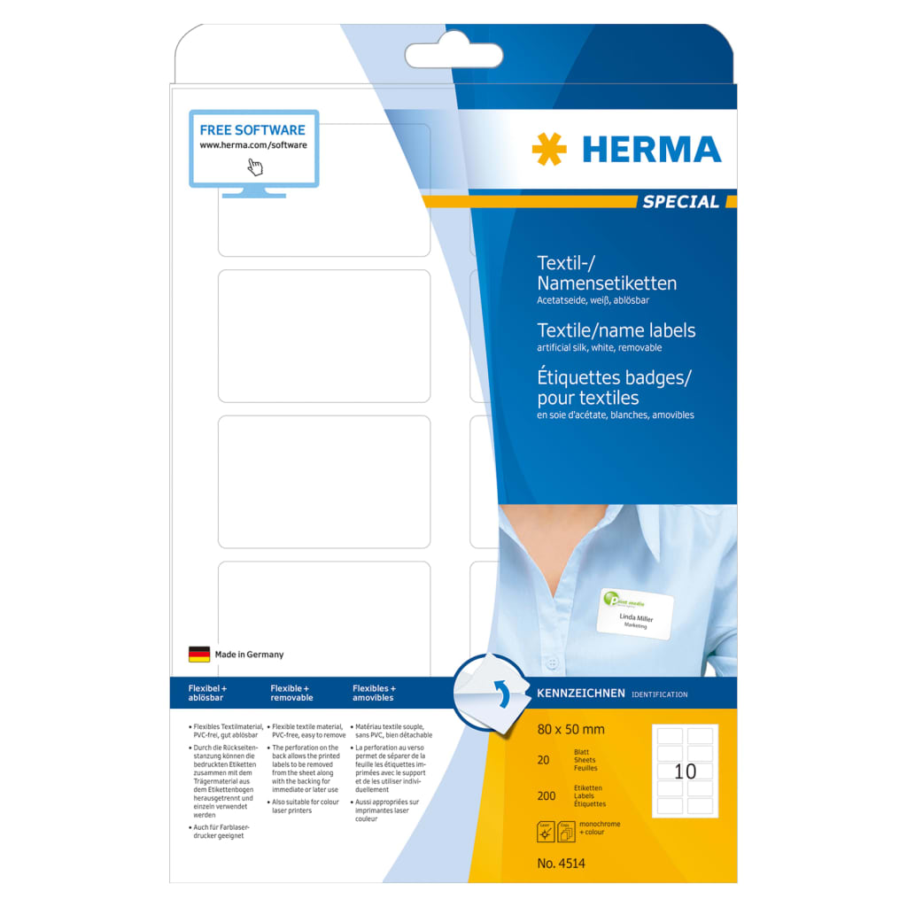 HERMA Namensetiketten für Textilien Ablösbar A4 80x50mm 20 Blatt Weiß