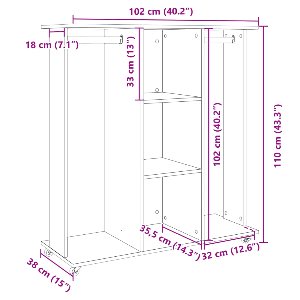 vidaXL Kleiderständer mit Rollen Braun Eichen-Optik 102x38x110 cm