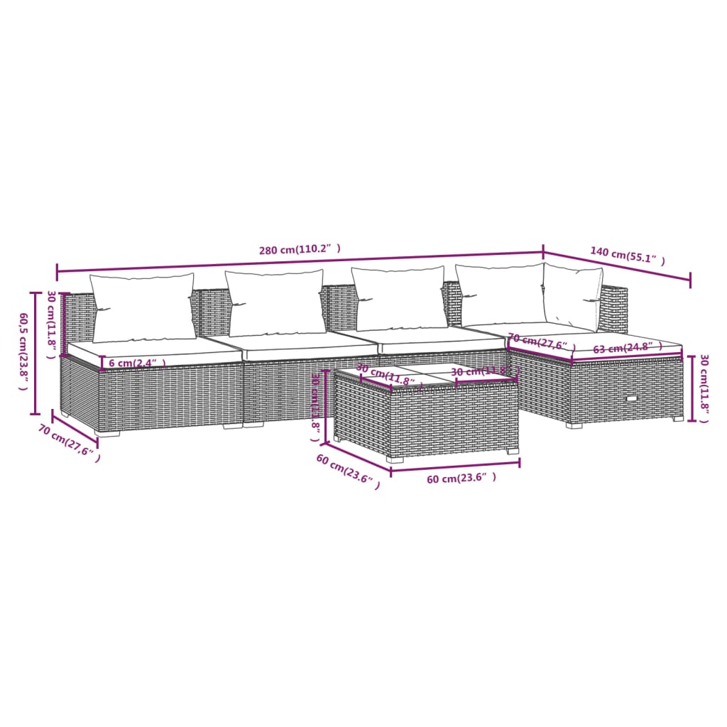 vidaXL 6-tlg. Garten-Lounge-Set mit Auflagen Poly Rattan Braun