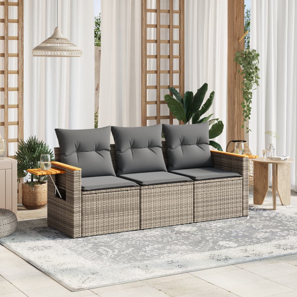 vidaXL 3-tlg. Garten-Sofagarnitur mit Kissen Grau Poly Rattan