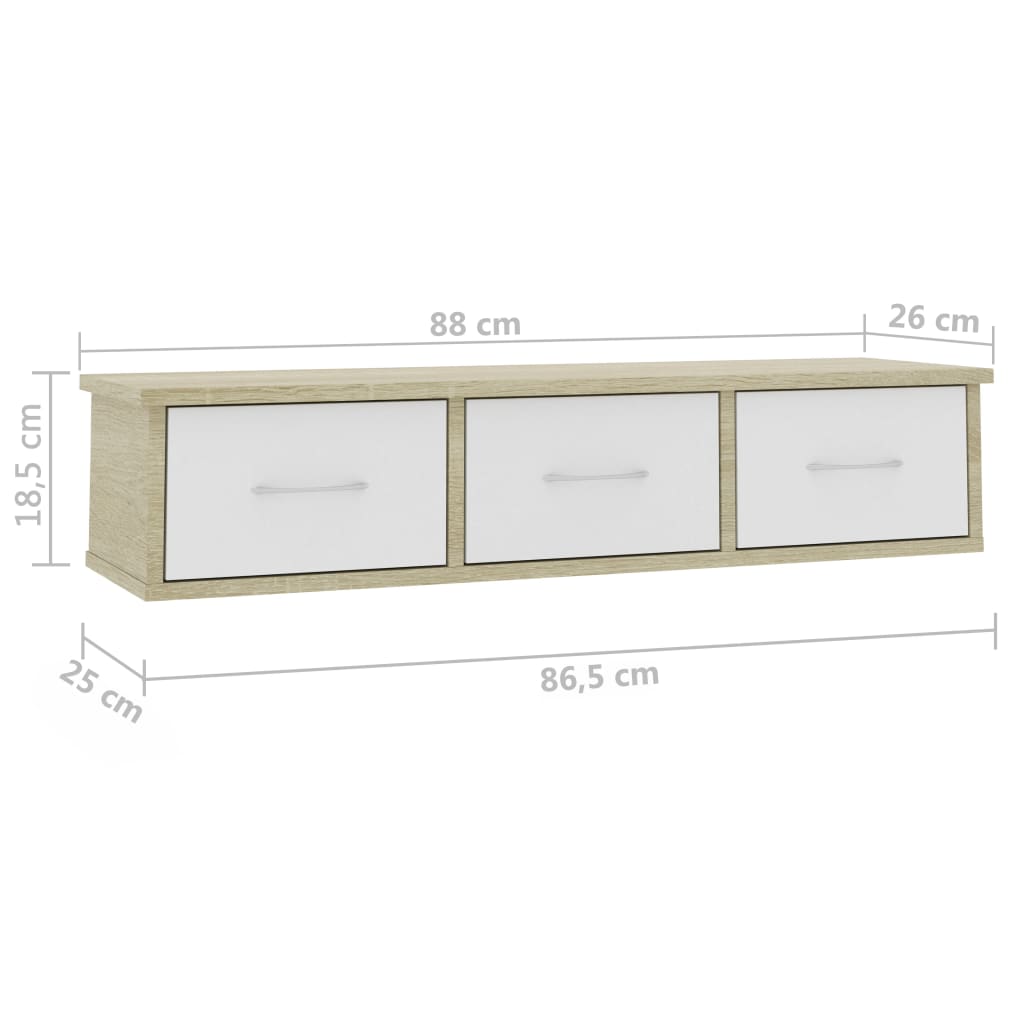 vidaXL Wand-Schubladenregal Weiß Sonoma-Eiche 88x26x18,5 cm