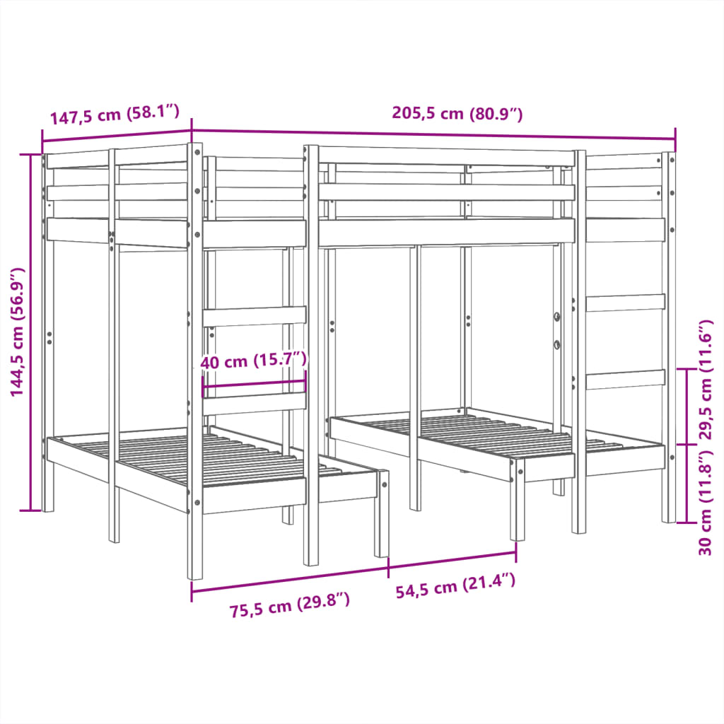 vidaXL Dreifach-Etagenbett Weiß 140x200/70x140 cm Massivholz Kiefer