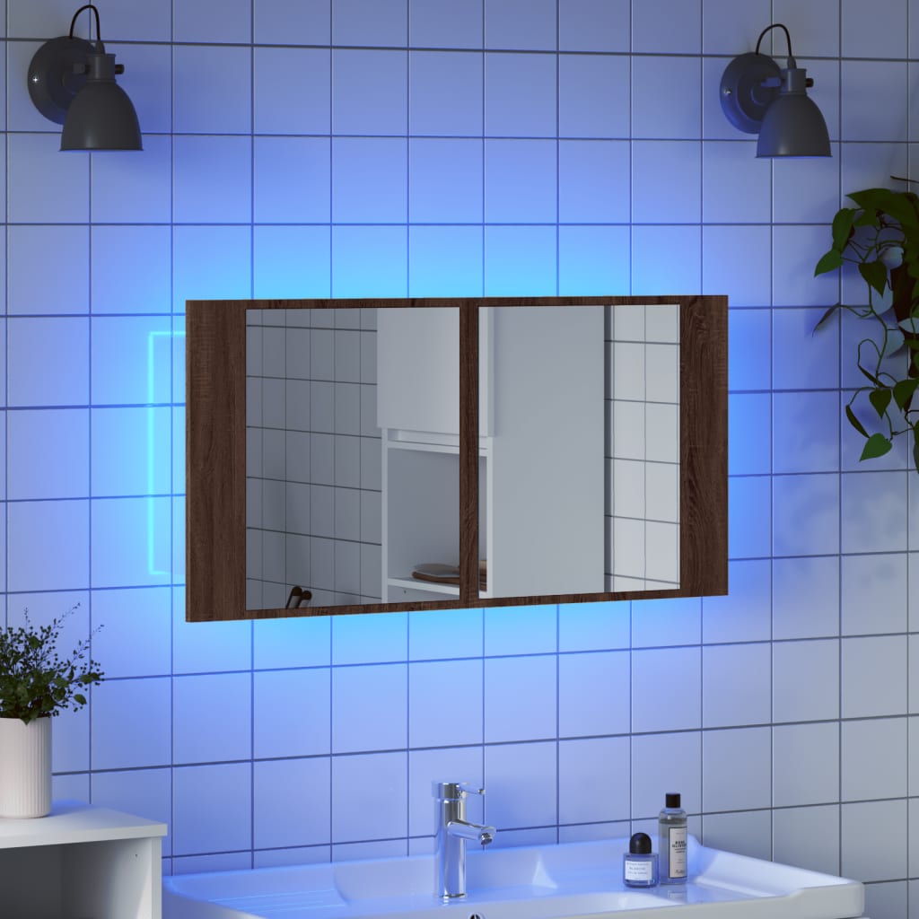 vidaXL LED-Spiegelschrank Braun Eichen-Optik 90x12x45 cm Acryl