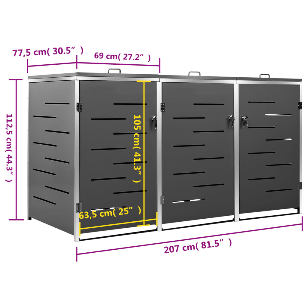 vidaXL Mülltonnenbox für 3 Tonnen 207x77,5x115 cm Edelstahl