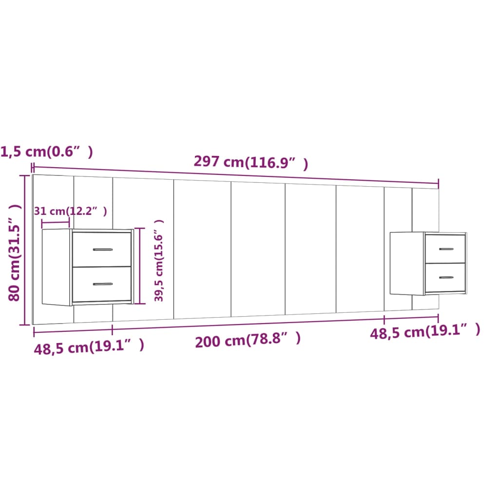 vidaXL Kopfteil mit Nachttischen Weiß Holzwerkstoff