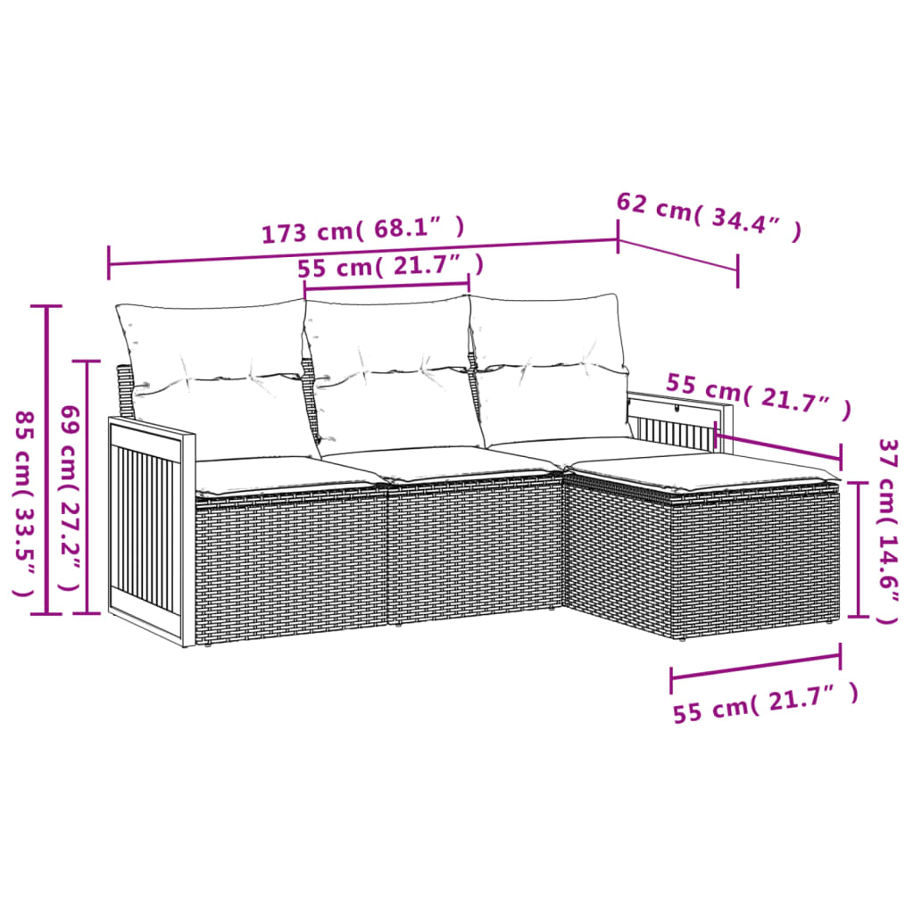 vidaXL 4-tlg. Garten-Sofagarnitur mit Kissen Schwarz Poly Rattan