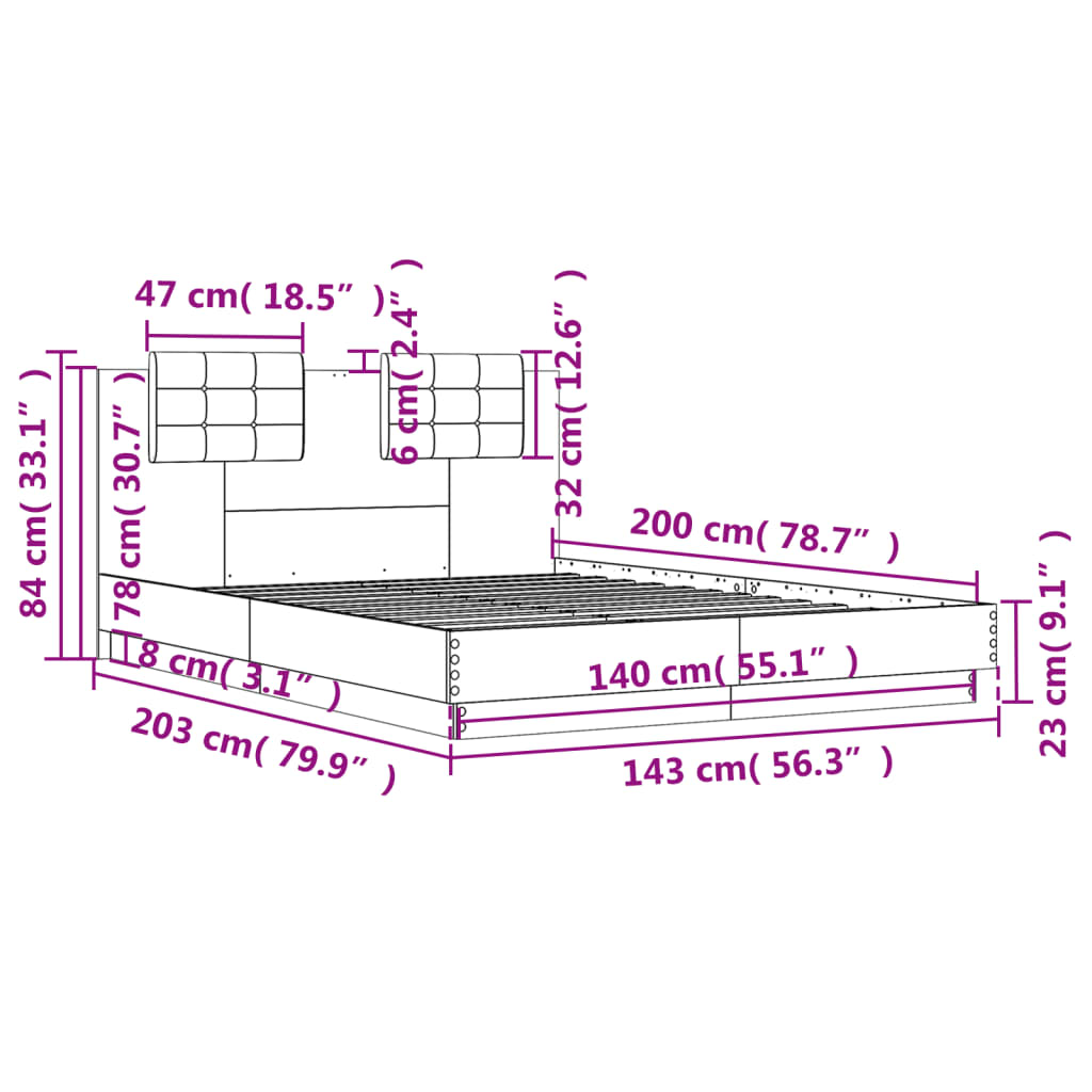 vidaXL Bettgestell mit Kopfteil und LED-Leuchten Schwarz 140x200 cm