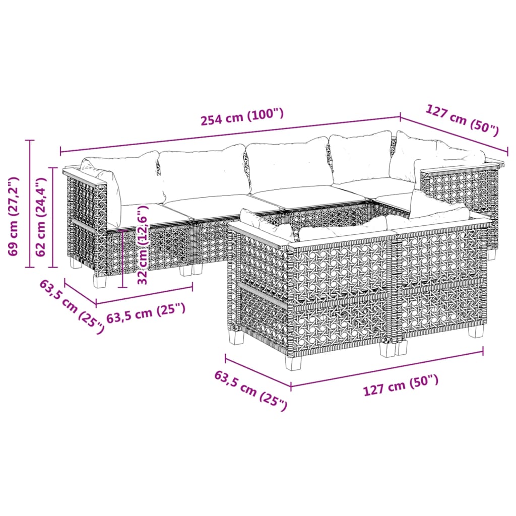 vidaXL 7-tlg. Garten-Sofagarnitur mit Kissen Schwarz Poly Rattan