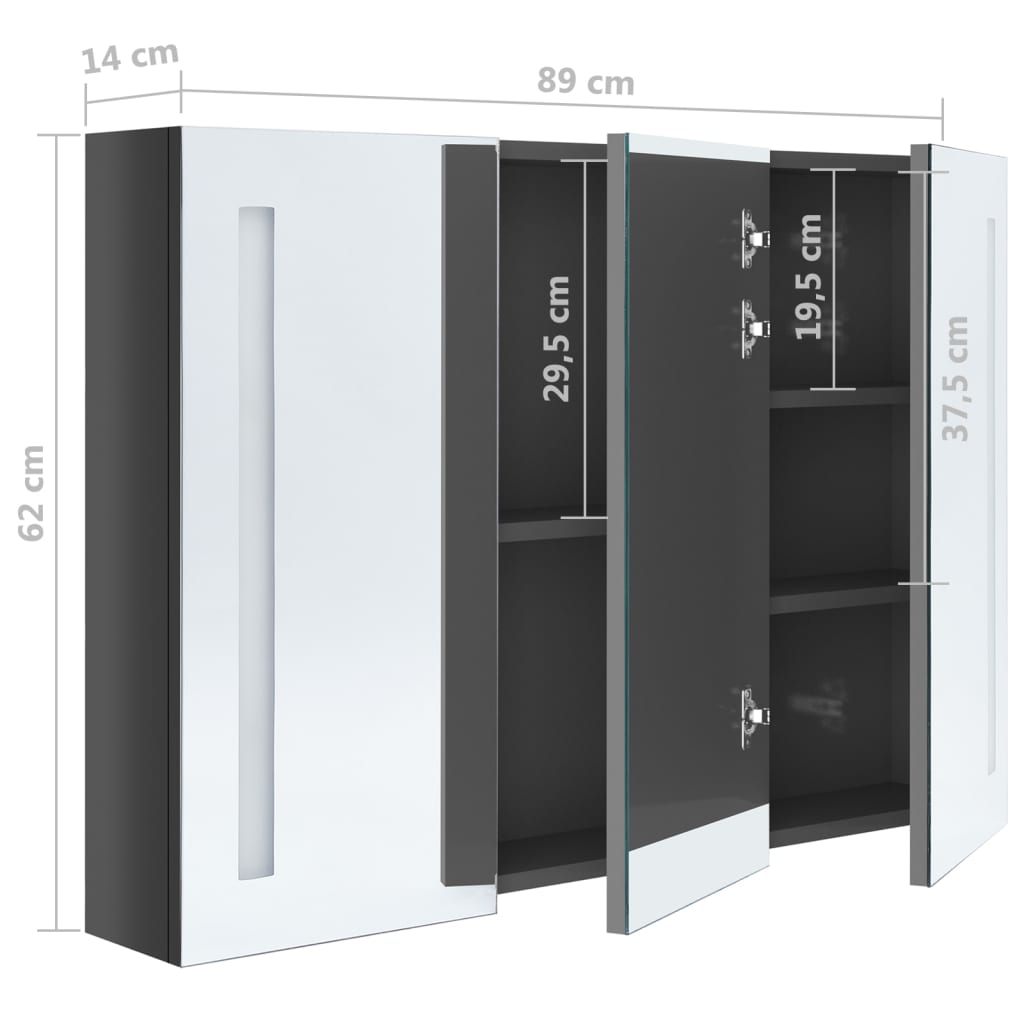 vidaXL LED-Spiegelschrank fürs Bad 89x14x62 cm Glänzend Grau