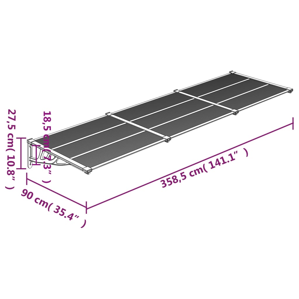 vidaXL Türvordach Schwarz und Transparent 358,5x90 cm Polycarbonat