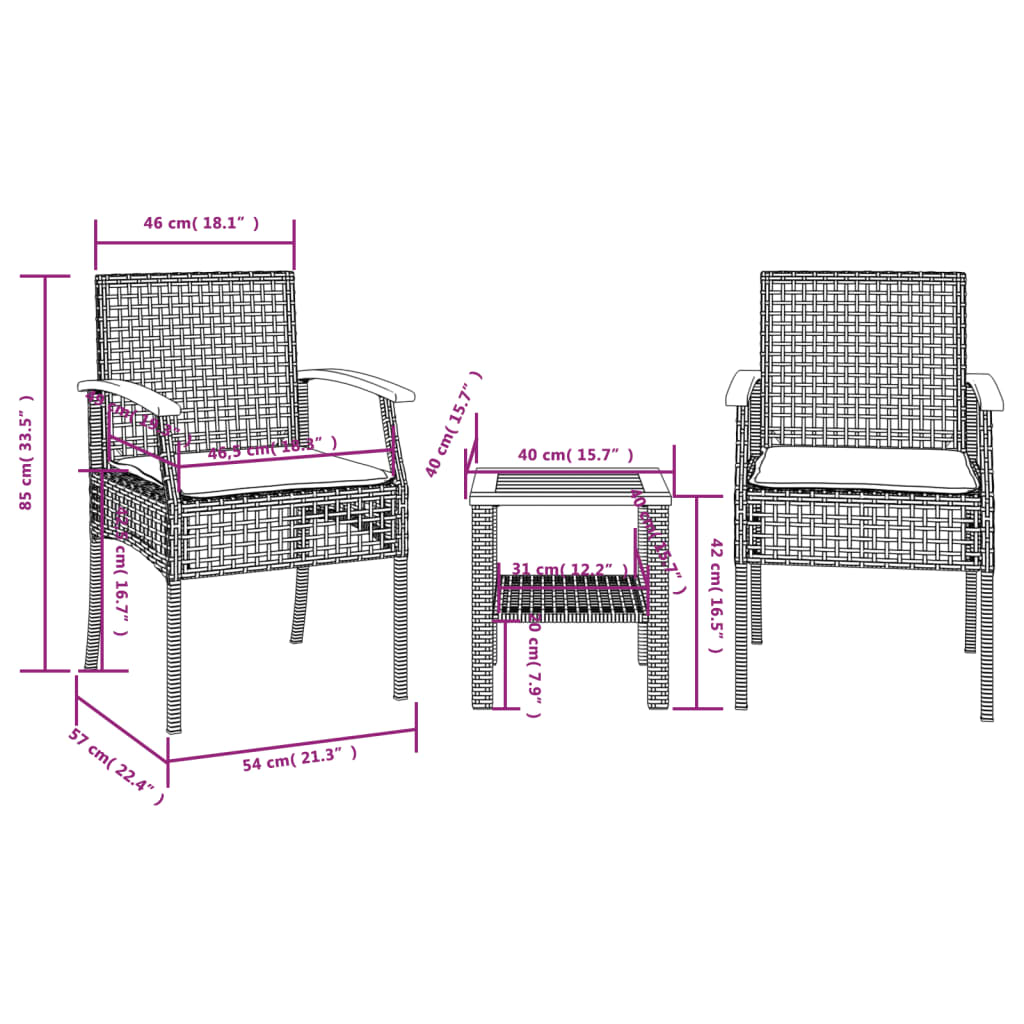 vidaXL 3-tlg. Bistro-Set mit Kissen Schwarz Poly Rattan Akazienholz