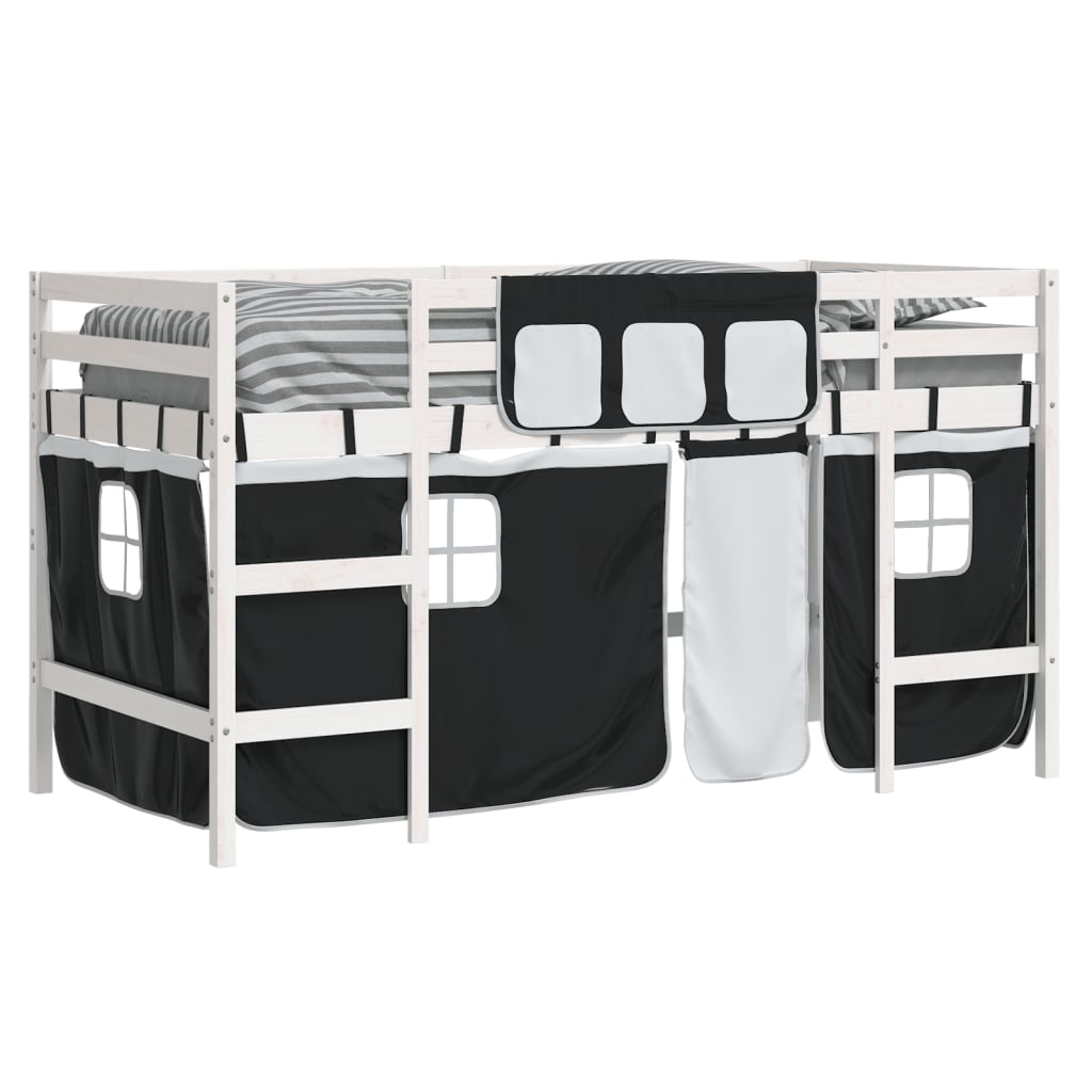 vidaXL Kinderhochbett mit Vorhängen Weiß Schwarz 90x200 cm Kiefernholz