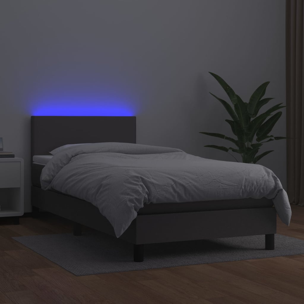 vidaXL Boxspringbett mit Matratze & LED Grau 90x200 cm Kunstleder