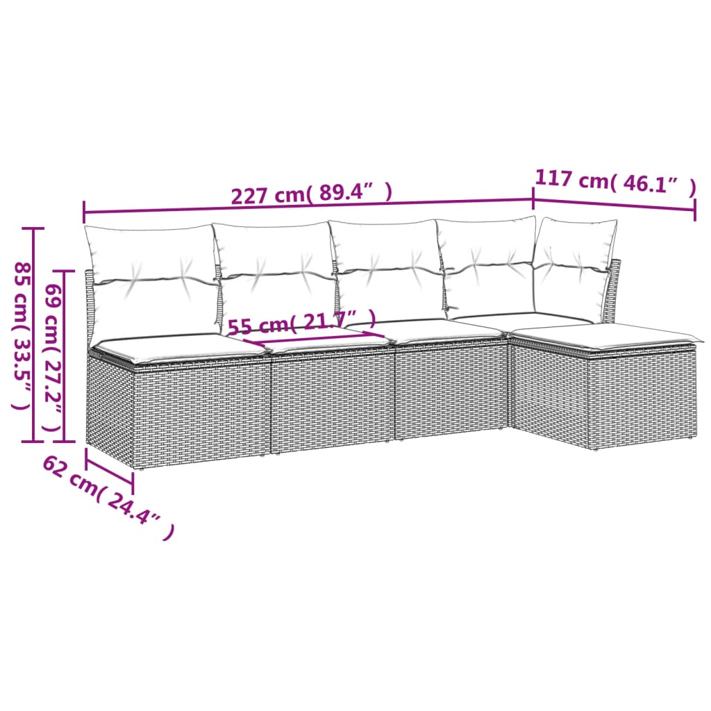 vidaXL 5-tlg. Garten-Sofagarnitur mit Kissen Schwarz Poly Rattan