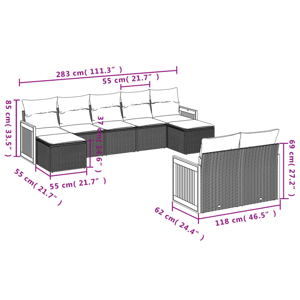 vidaXL 9-tlg. Garten-Sofagarnitur mit Kissen Schwarz Poly Rattan