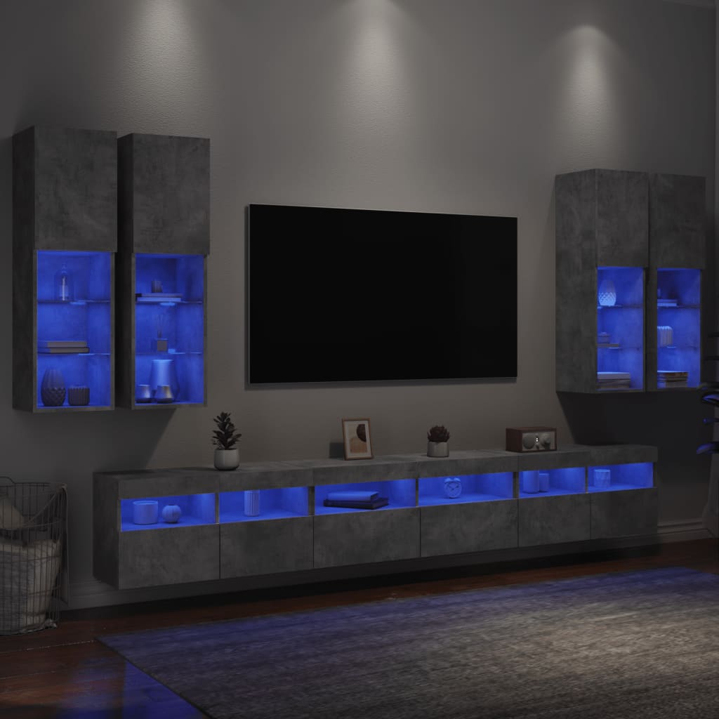 vidaXL 7-tlg. TV-Wohnwand mit LED-Leuchten Betongrau