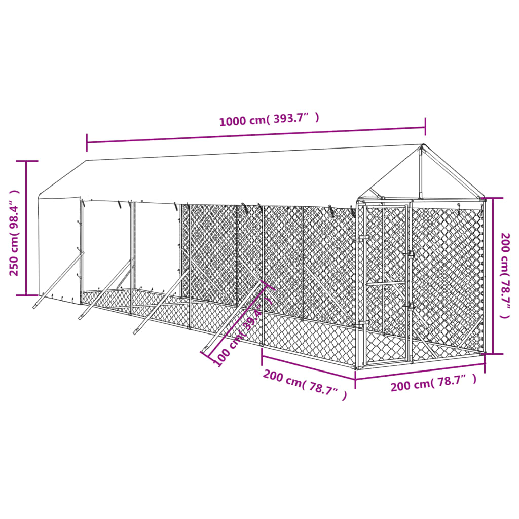 vidaXL Outdoor-Hundezwinger mit Dach Silbern 2x10x2,5 m Stahl Verzinkt