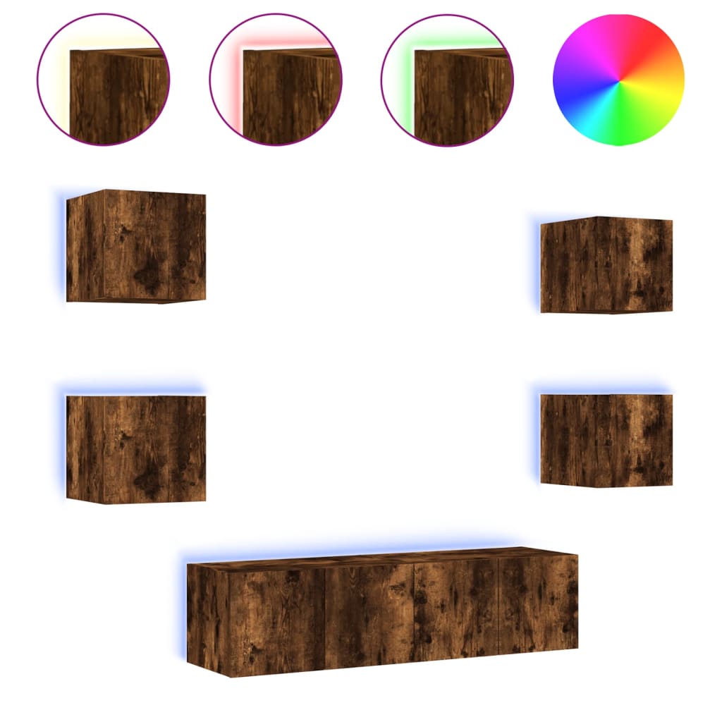 vidaXL 6-tlg. Wohnwand mit LED-Beleuchtung Räuchereiche Holzwerkstoff