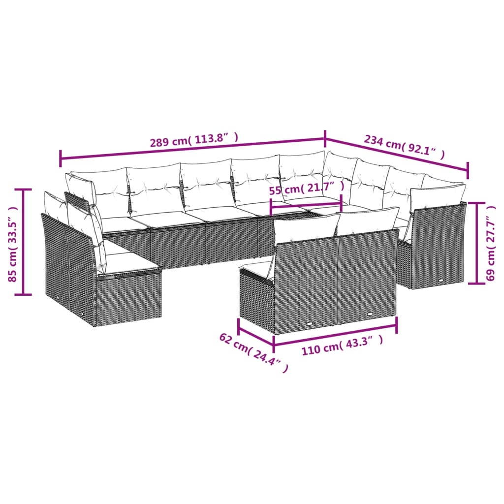 vidaXL 12-tlg. Garten-Sofagarnitur mit Kissen Beige Poly Rattan