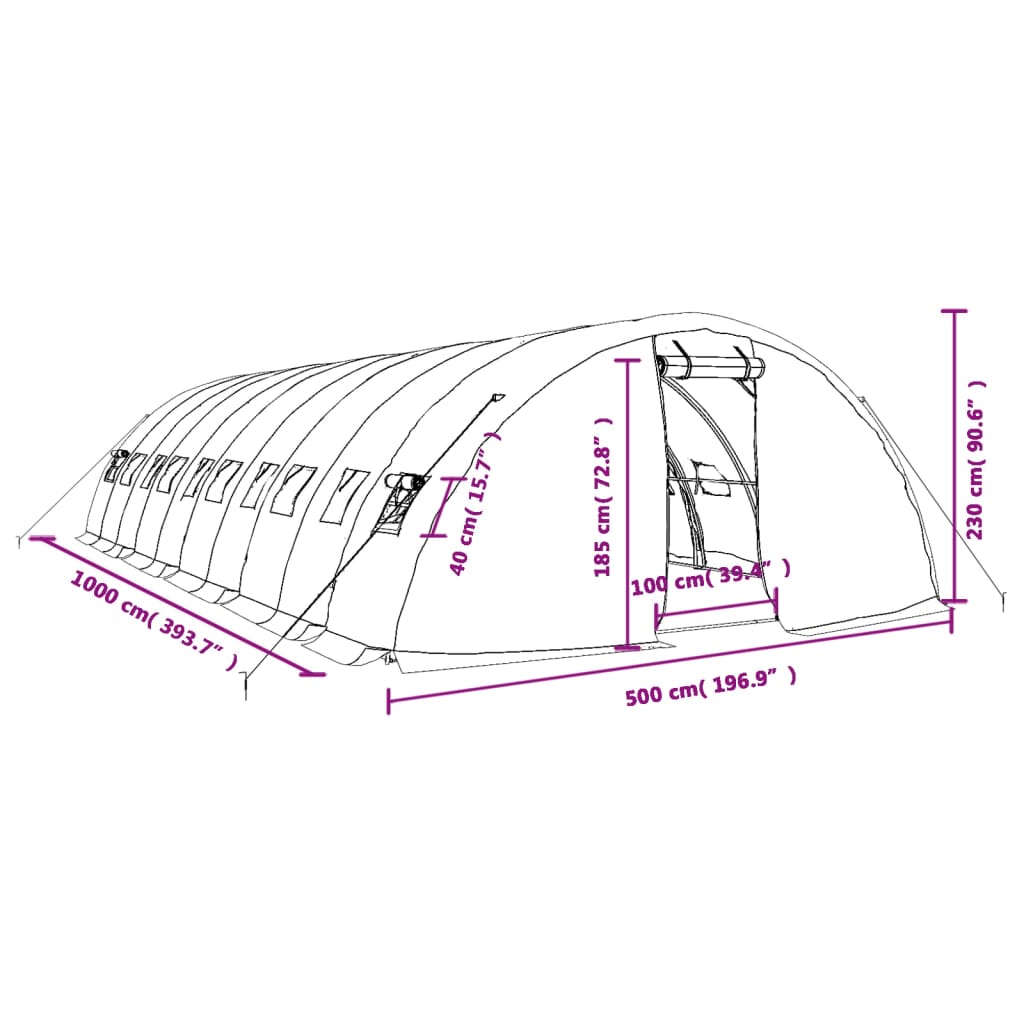 vidaXL Gewächshaus mit Stahlrahmen Grün 50 m² 10x5x2,3 m