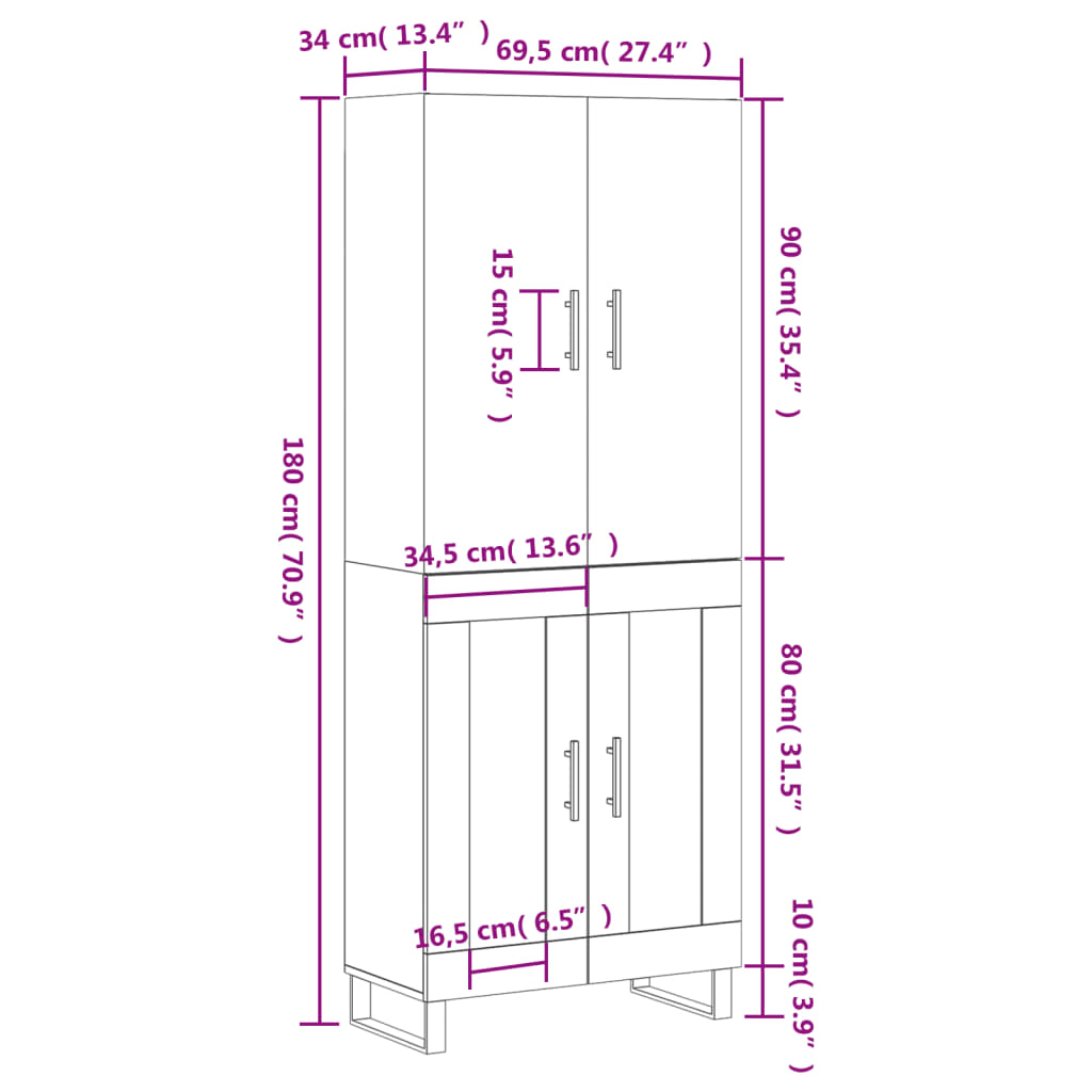 vidaXL Highboard Grau Sonoma 69,5x34x180 cm Holzwerkstoff