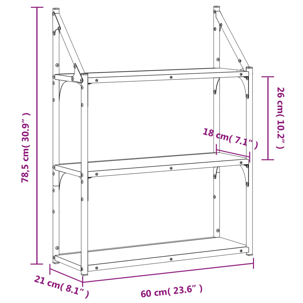 vidaXL Wandregal 3 Fächer Sonoma-Eiche 60x21x78,5 cm Holzwerkstoff