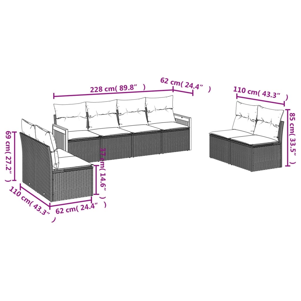 vidaXL 8-tlg. Garten-Sofagarnitur mit Kissen Grau Poly Rattan