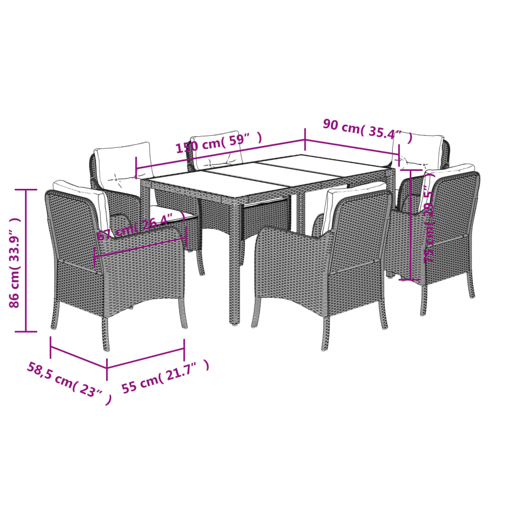 vidaXL 7-tlg. Garten-Essgruppe mit Kissen Grau Poly Rattan