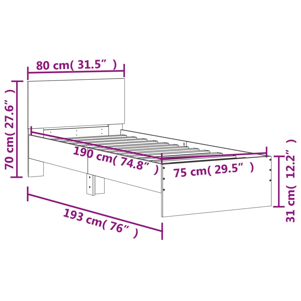 vidaXL Bettgestell mit Kopfteil und LED-Leuchten Braun Eiche 75x190 cm