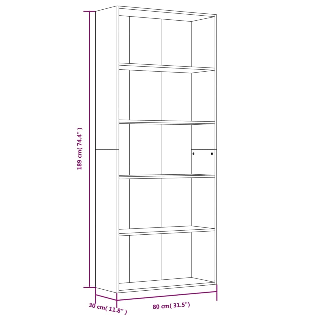 vidaXL Bücherregal 5 Fächer Grau Sonoma 80x30x189 cm Holzwerkstoff