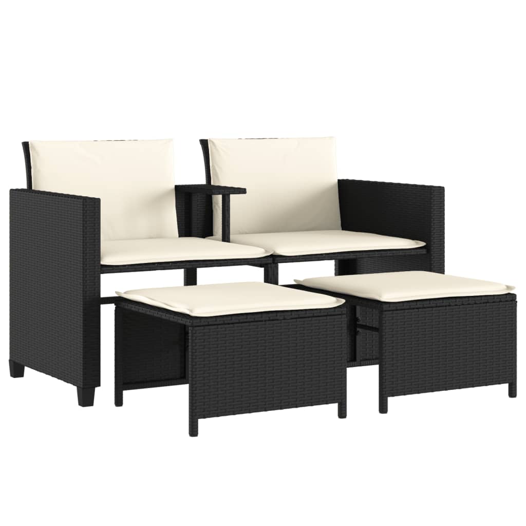 vidaXL Gartensofa 2-Sitzer mit Tisch und Hockern Schwarz Poly Rattan