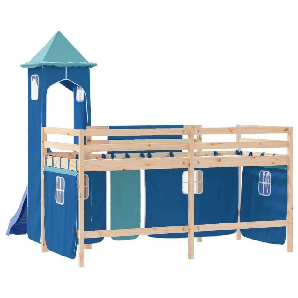 vidaXL Kinderhochbett mit Turm Blau 90x190 cm Massivholz Kiefer