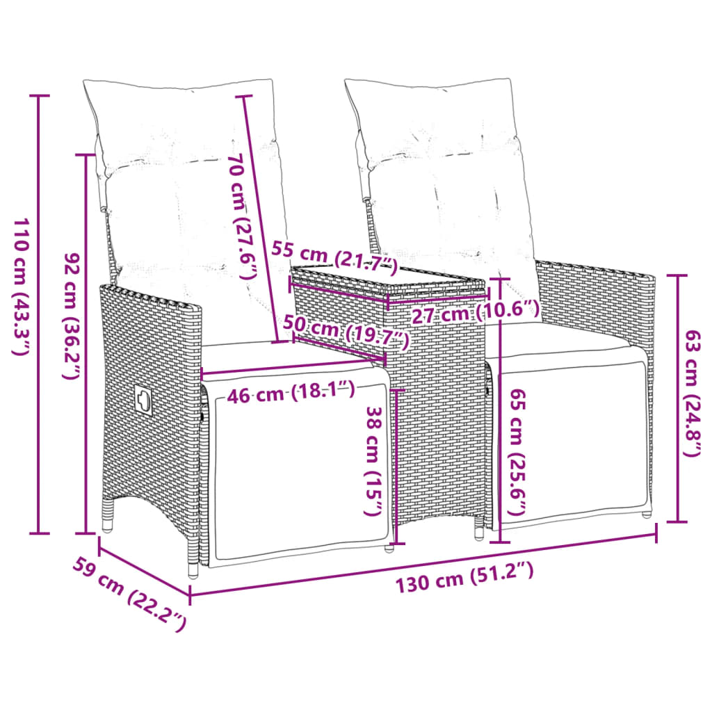 vidaXL Gartensofa 2-Sitzer Verstellbar mit Tisch Beige Poly Rattan