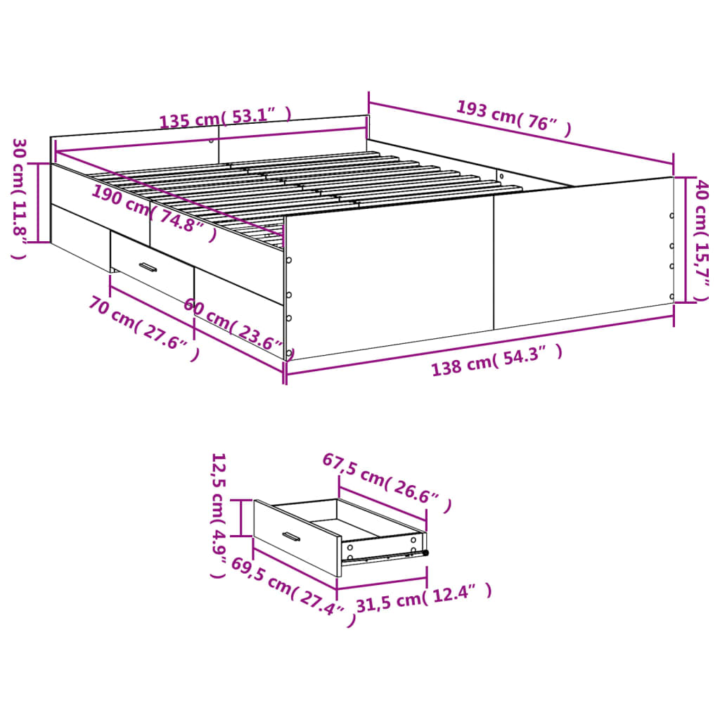 vidaXL Bettgestell mit Schubladen Schwarz 135x190 cm Holzwerkstoff