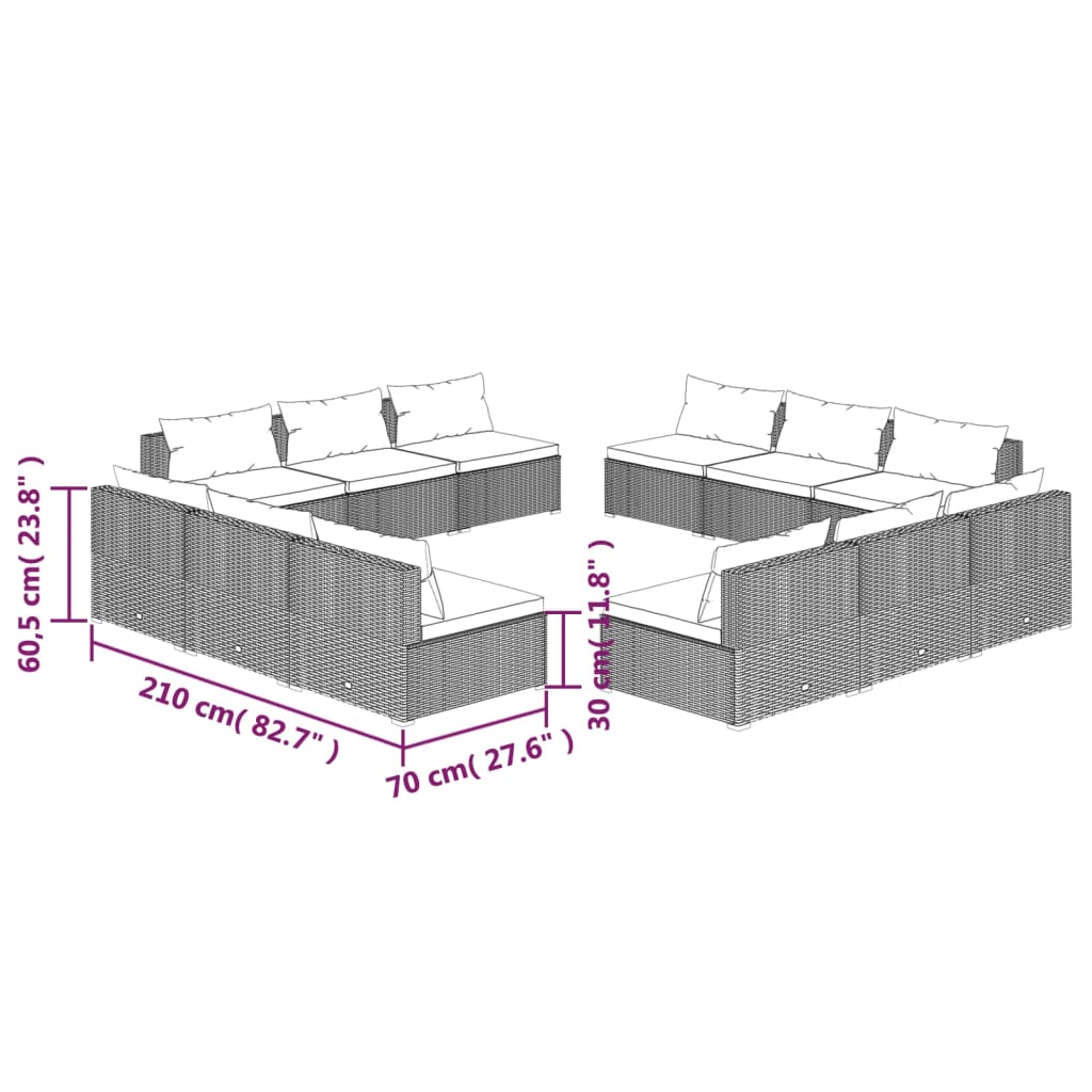 vidaXL 12-tlg. Garten-Lounge-Set mit Kissen Poly Rattan Braun