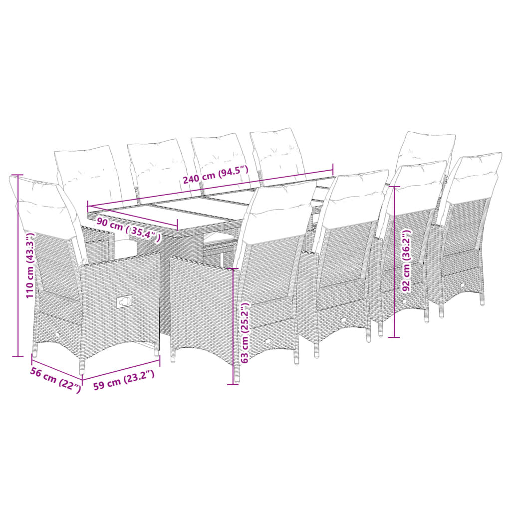 vidaXL 11-tlg. Garten-Bistro-Set mit Kissen Beige Poly Rattan