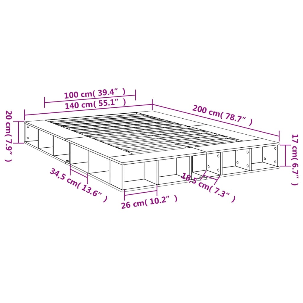 vidaXL Bettgestell Räuchereiche 140x200 cm Holzwerkstoff