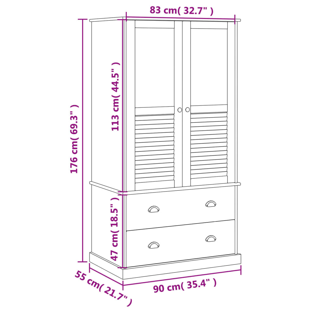 vidaXL Kleiderschrank VIGO Weiß 90x55x176 cm Massivholz Kiefer