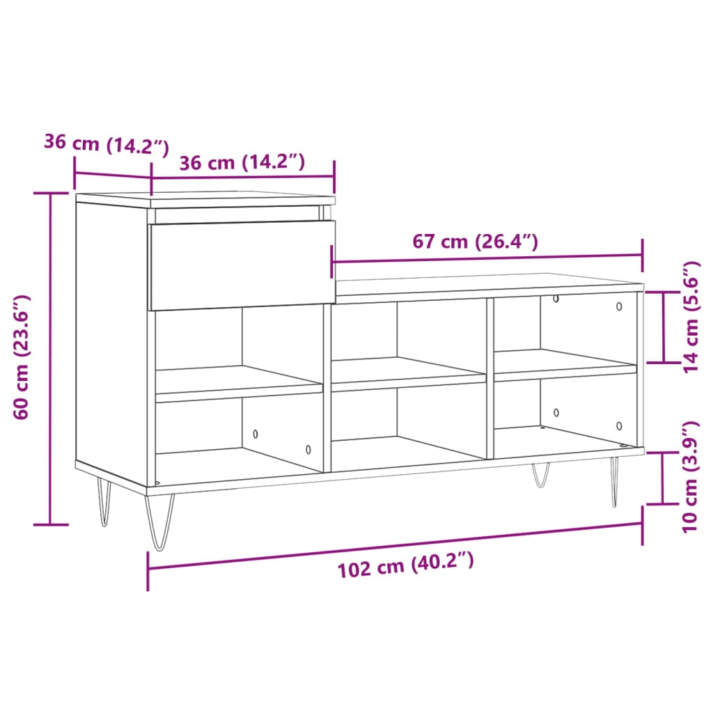 vidaXL Schuhregal Betongrau 102x36x60 cm Holzwerkstoff