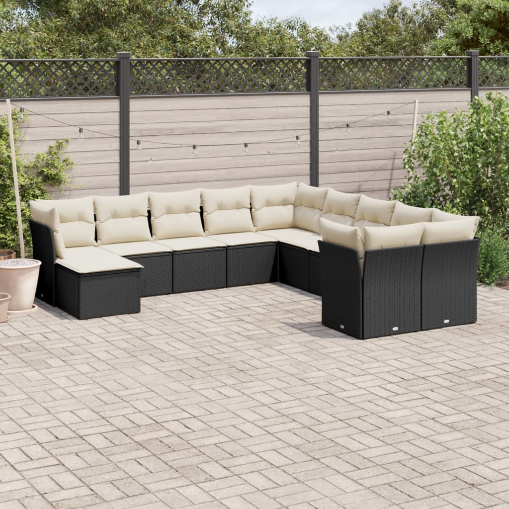 vidaXL 11-tlg. Garten-Sofagarnitur mit Kissen Schwarz Poly Rattan