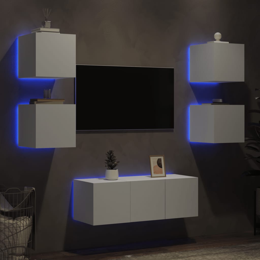 vidaXL 6-tlg. Wohnwand mit LED-Beleuchtung Weiß Holzwerkstoff