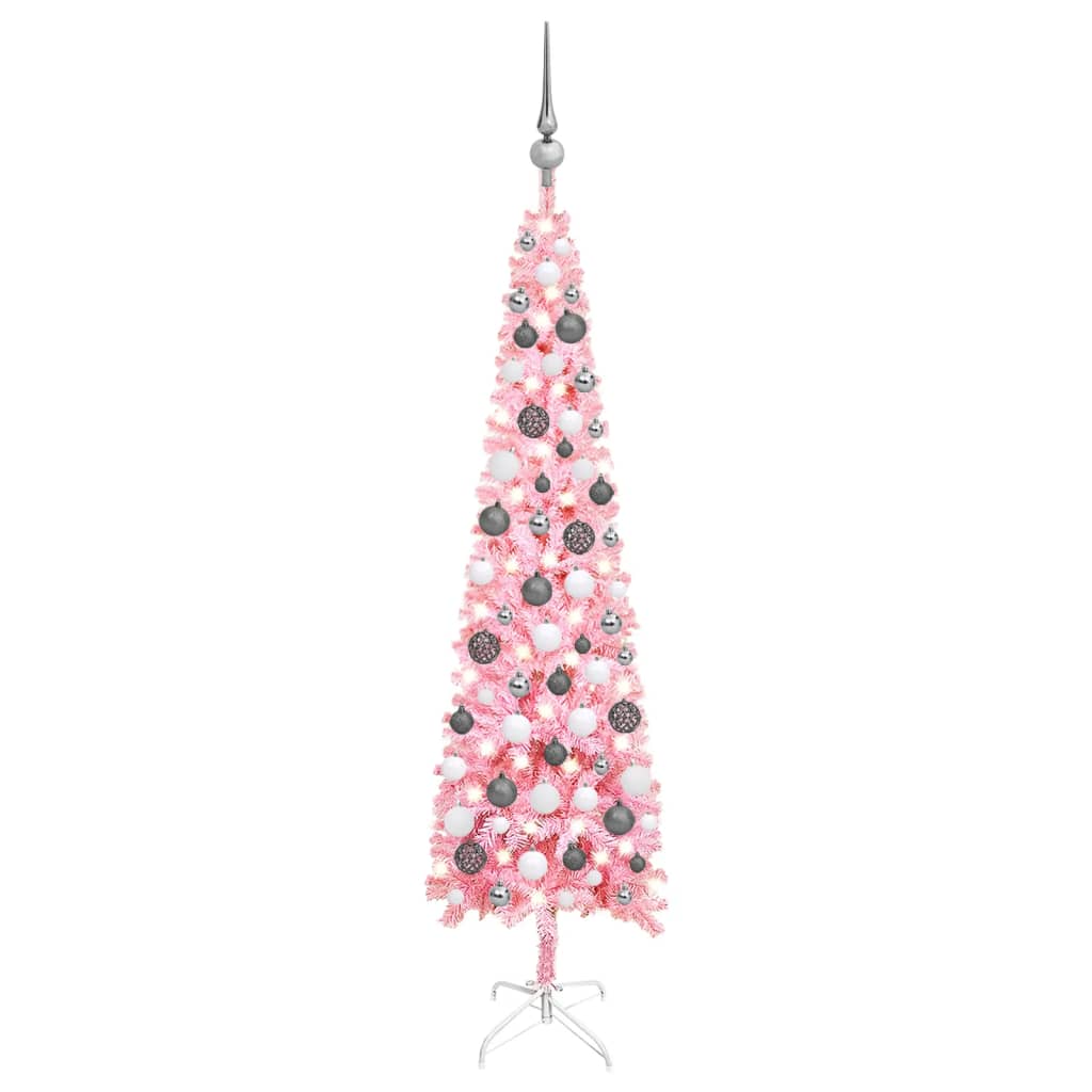 vidaXL Weihnachtsbaum Schlank mit Beleuchtung & Kugeln Rosa 120 cm